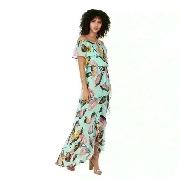 Express Dresses & Skirts - EXPRESS Mint Green Leaf Print Ruffle Off the Shoulder Hi Lo Maxi Dress Size XS